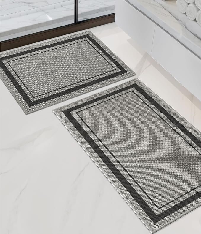 chakme 2 Piece Bathroom Rug Sets, Ultra Thin Bath Mat Quick Dry, Absorbent Non Slip Machine Washable, Dark Grey, 17"x24"+17"x32"