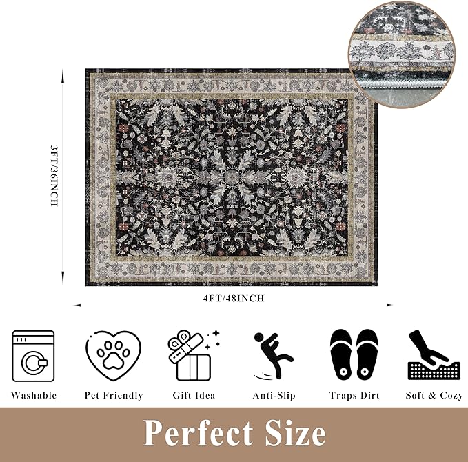 3x4 Entryway Rug Washable Non-Slip–Boho Floral Stain-Resistant Small Area Rug for Kitchen Bedroom Bathroom – Soft Low-Pile Thin Indoor Door Mat (Black,3x4)