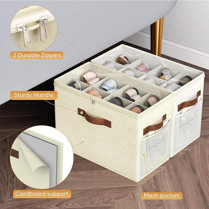 Budding Joy 2 Pack Shoe Organizer for Closet, Clear Foldable Shoe Storage Containers Adjustable Dividers Fits 16 Pairs,Shoe Storage Bins Baskets Boxes with Reinforced Handles Beige Yellow Beige