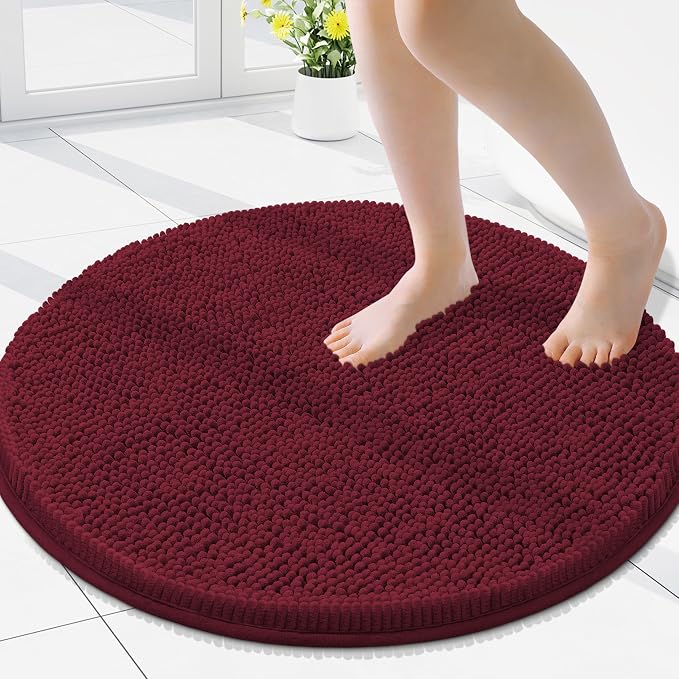 Smiry Luxury Chenille Round 24x24, Extra Soft and Absorbent Shaggy Bathroom Mat Rugs, Machine Washable, Non-Slip Plush Carpet for Tub, Shower, and Bath Room, Burgundy