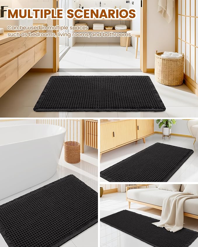 Smiry Waffle Bath Mat 72x24, Extra Soft Absorbent Bathroom Rugs, Non Slip Machine Washable Quick Dry Bath Rugs for Bathroom Floor, Tub, Shower, Home Decor Accessories, Black