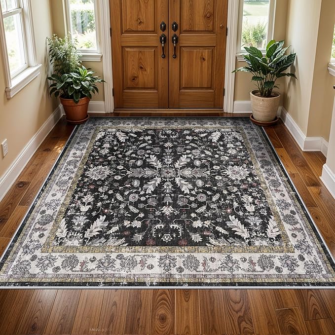 Square Rugs 5x5 Washable for Entryway: Non Slip Indoor Foot Carpet for Living Room, Boho Soft Black 5'x5' Low Pile Neutral Area Rug for Kitchen Dining Room Bathroom (Black, 5x5)
