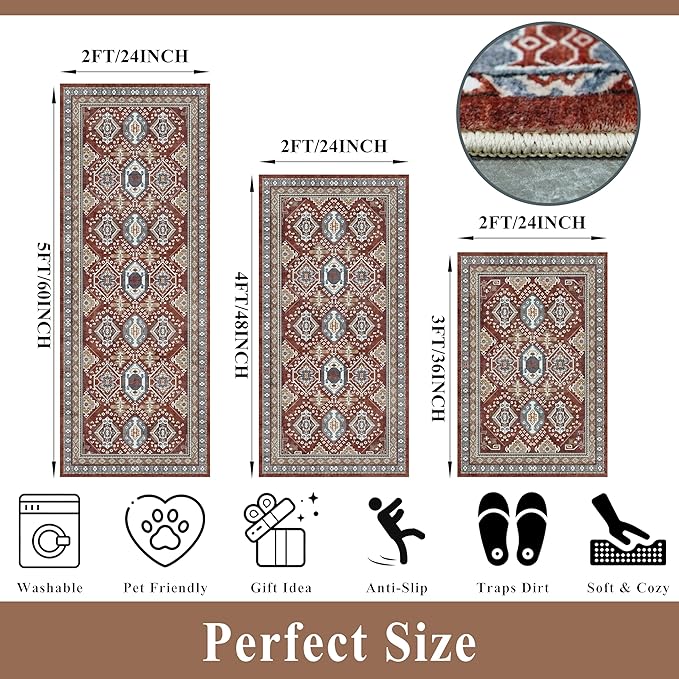 Washable Non-Slip Kitchen Rugs Set of 3 – Boho Soft Mats and Runner for Bathroom, Entryway, Hallway Room – Stain-Resistant Low-Pile Indoor Carpet (Red, 2x3+2x4+2x5)