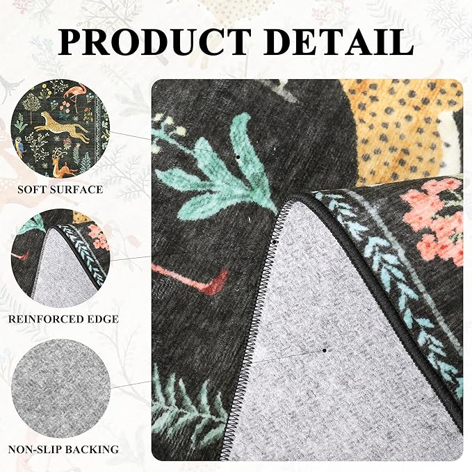 DUKINO 3x8 Washable Runner Rug, Low Pile Animal Print Non Slip Long Runner Rug for Kitchen, Lightweight & Non Shedding Indoor Carpet for Hallway, Kitchen, Entryway, Bathroom, Laundry, Black