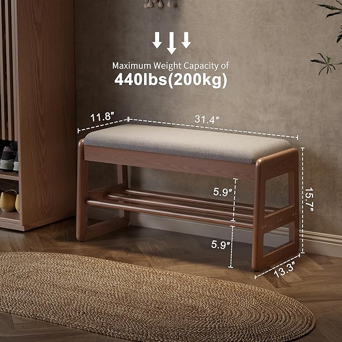 AQIMUELE Shoe Rack Bench,2 Tiers Shoe Bench with Storage with Flip-Top,Wood Shoe Rack for Entryway,Hallway（Walnut Upholstered Seat,11.8" D x 31.5" W x 15.7" H）