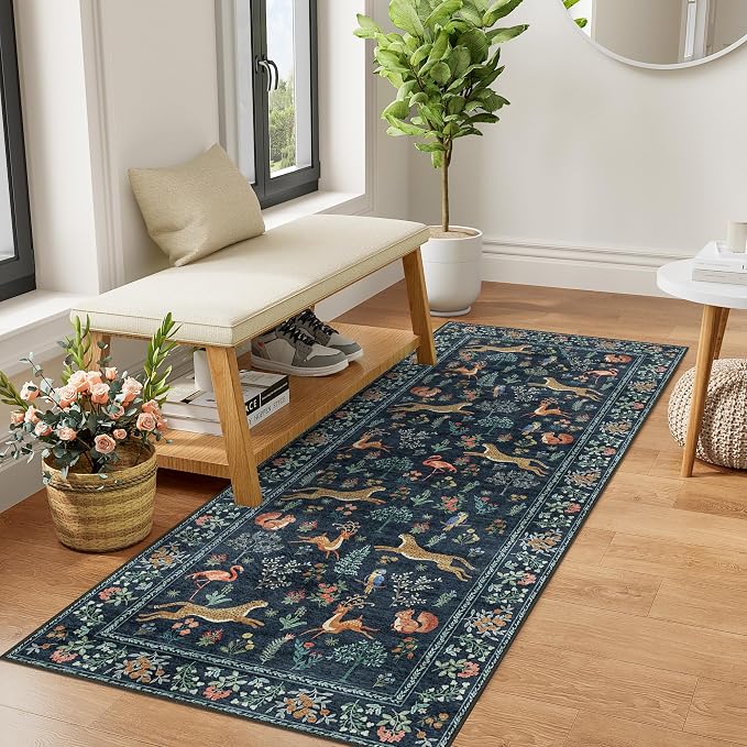 DUKINO 2x5 Rug for Hallway, Washable Kitchen Runner Rug with Non Slip Backing, Soft Low Pile Vintage Animal Runner for Bedroom, Kitchen, Hallway, Entryway, Laundry, Navy Blue