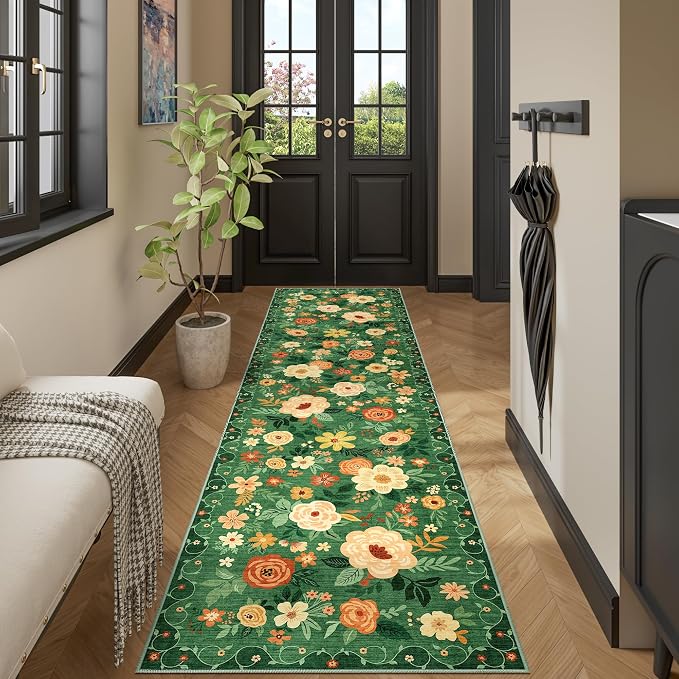 DUKINO Runner Rug for Hallway, 2.6x10 Washable Floral Long Kitchen Rug with Non Slip Backing, Lightweight & Stain Resistant Runners for Indoor Entrance, Laundry, Living Room, Bedroom, Dark Green