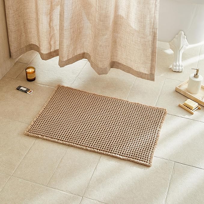 TYUU Waffle Bath Mat, Boho Bathroom Rugs Non Slip Washable Super Absorbent Quick Dry Farmhouse Bathroom Decor, 24"x16" / 1'4" x 2' Khaki