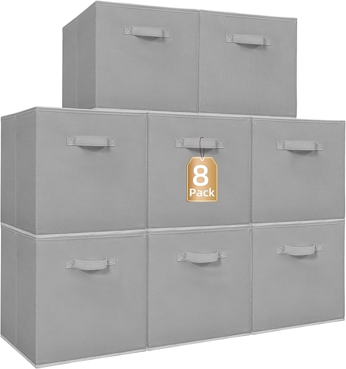 STORAGE MANIAC Storage Cubes, 13 Inch Collapsible Storage Bins with Handles, 8 Pack Fabric Foldable Bins for Organization, Durable Storage Bins for Closet, Shelves, Offices, 8-Pack Grey