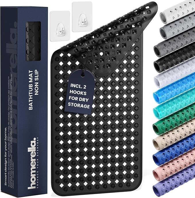 Bathtub Mat Non Slip 35x16 - homerella® Bath Mat Incl. Hooks for Drying, Extra Long, 100% BPA Free, Shower Mat Non Slip Anti Mold, Machine Washable, Shower Mats for Inside Shower Mildew Resistant