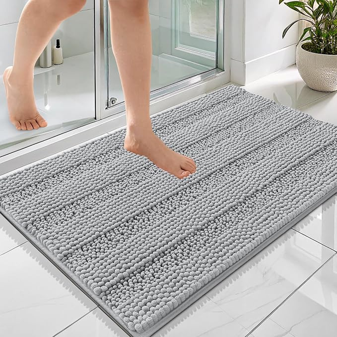 OLANLY Thick Bathroom Rugs 36x24, Extra Soft Absorbent Chenille Striped Bath Rugs, Rubber Backing, Machine Wash Dry, Bath Mats for Bathroom Floor, Tub and Shower, Home Decor Accessories, Light Grey