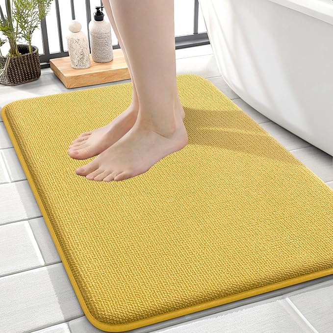 OLANLY Thick Memory Foam Small Bathroom Rugs 24x16, Extra Soft Absorbent Bath Rug, Quick Dry Bath Mats, Non-Slip, Machine Washable Carpet for Bathroom, Tub and Shower, Home Decor Accessories, Yellow