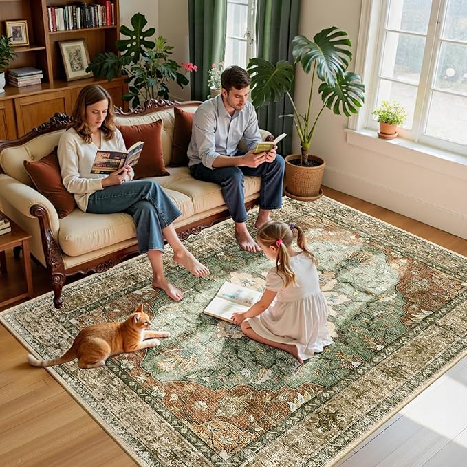 RELEANY Area Rugs 6'x9' Washable Non-Slip, Floral Vintage Distress Medallion Carpet for Living Room Bedroom Dining Room, Terracotta Burnt Orange Green