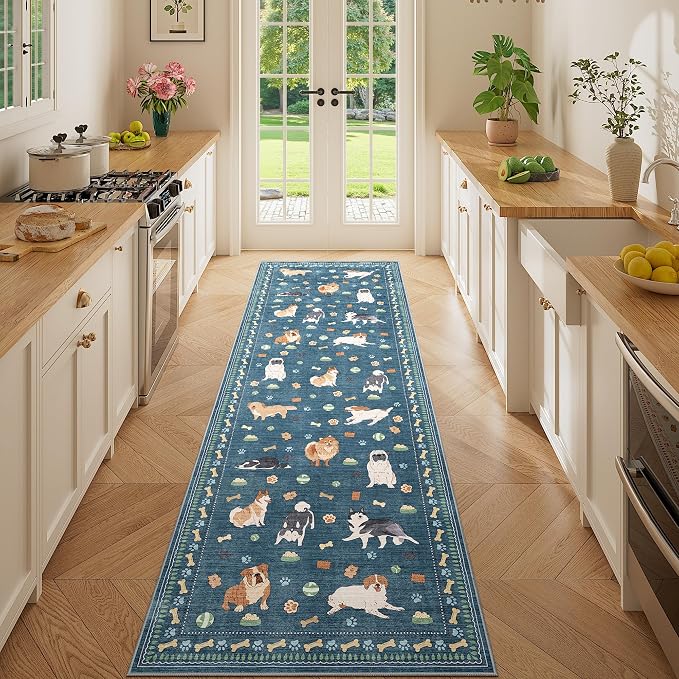 DUKINO 2x10 Runner Rug for Hallway, Washable Animal Dog Print Kitchen Rug with Low Pile, Soft Non Slip Indoor Non Shedding Long Carpet Runner for Entryway, Bedroom, Bathroom, Laundry, Blue