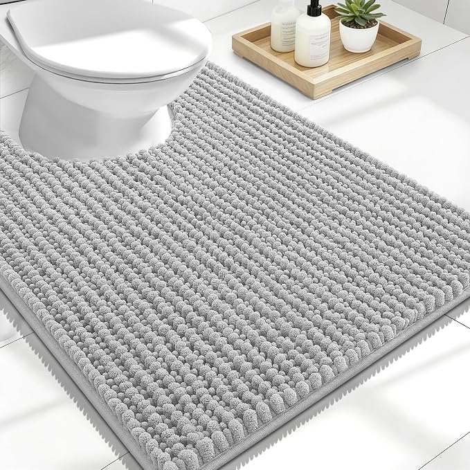 OLANLY Thick Toilet Rugs U-Shaped 24x20, Extra Soft Absorbent Shaggy Chenille Contour Bathroom Rugs for Toilet, Dry Quickly, Machine Washable, Non-Slip Bath Mat, Light Grey