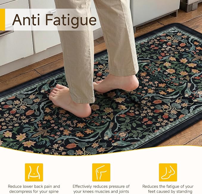 PureCozy Kitchen Mats for Floor 2PCS Anti Fatigue Cushioned Mat Non Slip Comfort Kitchen Rugs Vintage Floral Waterproof Standing Dark Blue Mat for Sink Laundry Office Desk 17.3"x47"+17.3"x30"