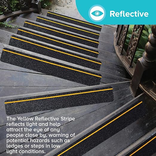 LifeGrip Anti Slip Traction Treads with Reflective Stripe (10-Pack), 4" X 32", Best Grip Tape Grit Non Slip, Outdoor Non Skid Tape, High Traction Friction Abrasive Adhesive for Stairs Step, Black