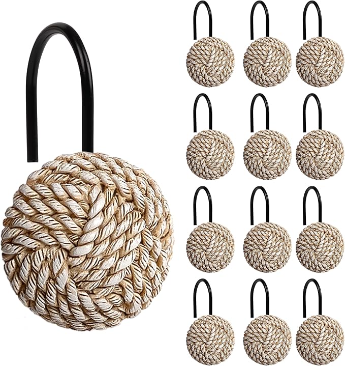 Sunlit Boho Knots Shower Curtain Hooks, Home Decorative Shower Curtain Rings with Black Hooks for Bathroom, Seaside Nautical Shower Curtain Hangers Bathroom Accessories, Set of 12
