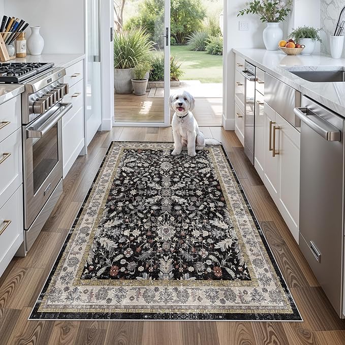 4x5 Kitchen Rug Washable Non-Slip – Soft Low Pile Indoor Carpet for Entryway Bathroom Living Room Bedroom – Boho Floral Small Throw Area Rug (Black,4x5)