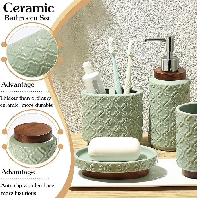 RQYIXI 4 Piece Bathroom Accessories Set, Green Ceramic Bath Accessory Set with Wood Accents, Soap Dispenser, Toothbrush Holder, Tumbler and Soap Dish, Elegant Bathroom Countertop Decor