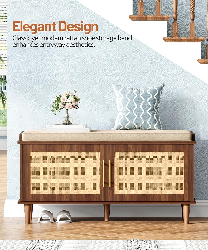 Akxomel Rattan Shoe Storage Bench with Cushion, 2-Tier Entryway Bench with Adjustable Shelves and 2 Doors, 15" D x 39.4" W x 20" H, Solid Wood Legs, for Hallway, Living Room, Bedroom, Walnut