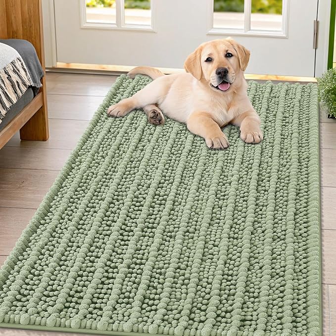 Smiry Dog Door Mat for Muddy Paws 47x32, Absorbent Dirt Trapper, Non-Slip Washable Chenille Entryway Rug for Inside Floor, Sage Green, Layered Pattern
