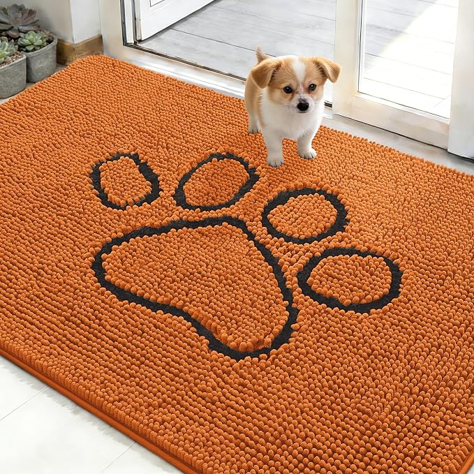 OLANLY Dog Door Mat for Muddy Paws 48x30, Paw Print Design, Absorbs Moisture and Dirt, Absorbent Non-Slip Washable Doormat, Quick Dry Chenille Mud Mat for Dogs, Entry Indoor Entryway Carpet, Clay