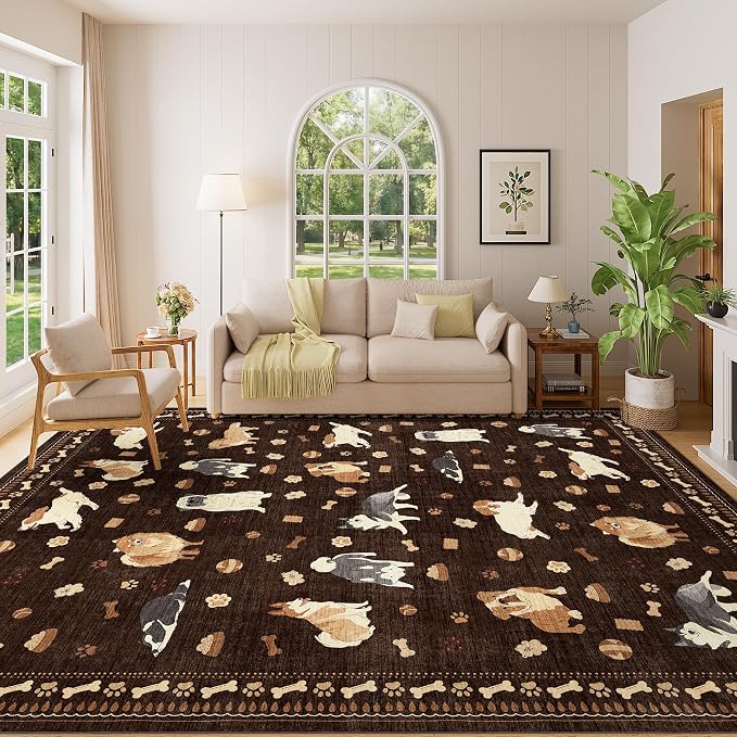 DUKINO 8x10 Area Rug, Non Slip Washable Animal Dog Rug for Living Room, Stain Resistant & Low Pile Indoor Floor Large Carpet for Bedroom, Farmhouse, Nursery, Dining Room, Kids Playroom, Brown