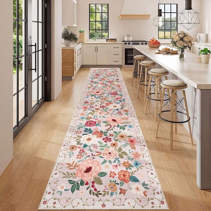 DUKINO 2.6x12 Kitchen Runner Rug, Lightweight Floral Washable Rug for Hallway, Boho Low Pile & Non Slip Backing Soft Floor Carpet for Entryway, Bedroom, Bathroom, Laundry, Beige