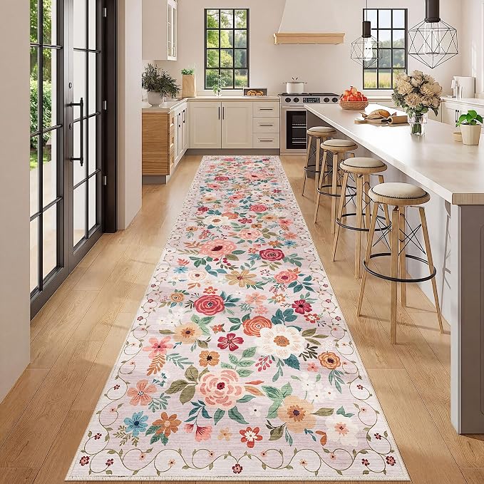 DUKINO 3x12 Washable Runner Rug, Non Slip Soft Floral Hallway Runner Rug with Non Shedding Design, Low Pile Long Floor Carpet for Kitchen, Hallway, Bathroom, Entryway, Laundry, Beige