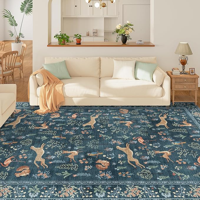 DUKINO 8x10 Rug, Washable Animal Living Room Rug with Non Slip Vintage Design, Soft Low Pile Large Carpet for Bedroom, Nursery, Dining Room, Farmhouse, Playroom, Blue