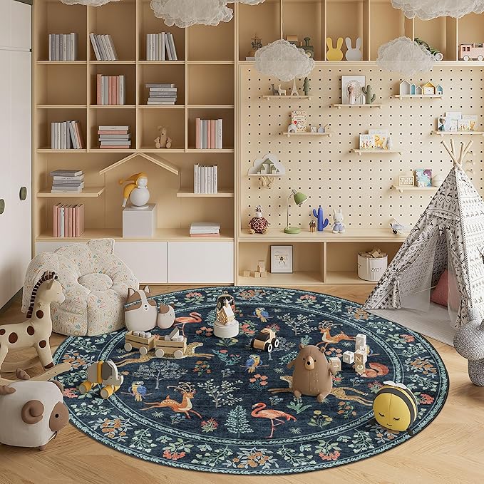 DUKINO 6ft Round Rug for Bedroom, Animal Print Washable Circle Rug with Low Pile Design, Soft Indoor Floor Non Slip Carpet for Entryway, Living Room, Office, Dining Room, Navy Blue