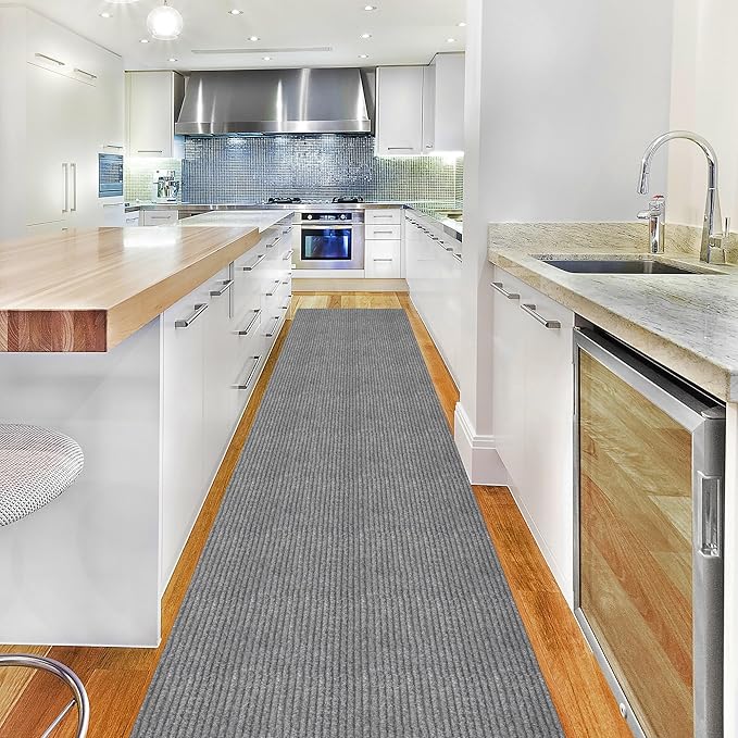 Ottomanson 2' x 18' Hallway Runner with Scraper Pile Extra Durable Non-Slip Rug Mat for Indoor & Outdoor Use - Ideal for Kitchen, Entryway, Patio & Garage - High-Traffic Carpet, Gray