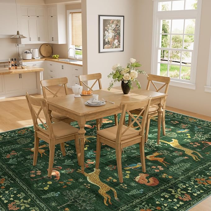 DUKINO 8x10 Rug, Washable Animal Living Room Rug with Non Slip Vintage Design, Soft Low Pile Large Carpet for Bedroom, Nursery, Dining Room, Farmhouse, Playroom, Green