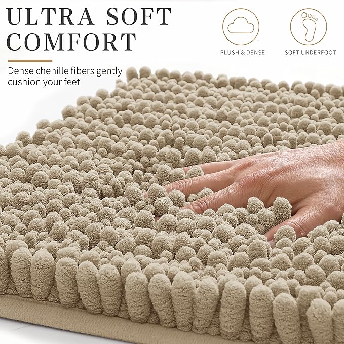 Yimobra Bathroom Rugs Non Slip Washable 24x17 Inch - Ultra Soft Absorbent Chenille Bath Mat, Quick Dry Shaggy Floor Carpet for Tub Shower, Camel Home Decor Accessories