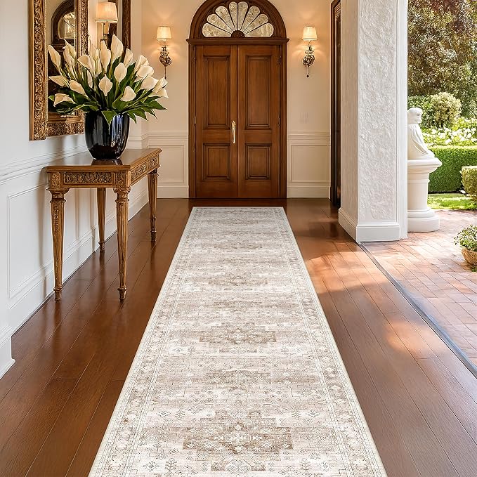 Hazo Haus Washable 3x12 Long Runner Rug for Hallway, Boho Waterproof Large Kitchen Floor Rug, Non-Slip Stain & Fade Resistant, Vintage Beige Floral Décor (3x12 Beige/Latte)