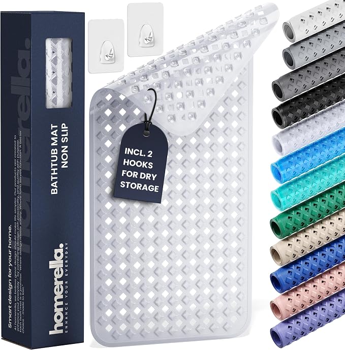 Bathtub Mat Non Slip 28x16 - homerella® Bath Mat Incl. Hooks for Drying, 100% BPA Free, Shower Mat Non Slip Anti Mold, Machine Washable, Shower Mats for Inside Shower Mildew Resistant (Clear)