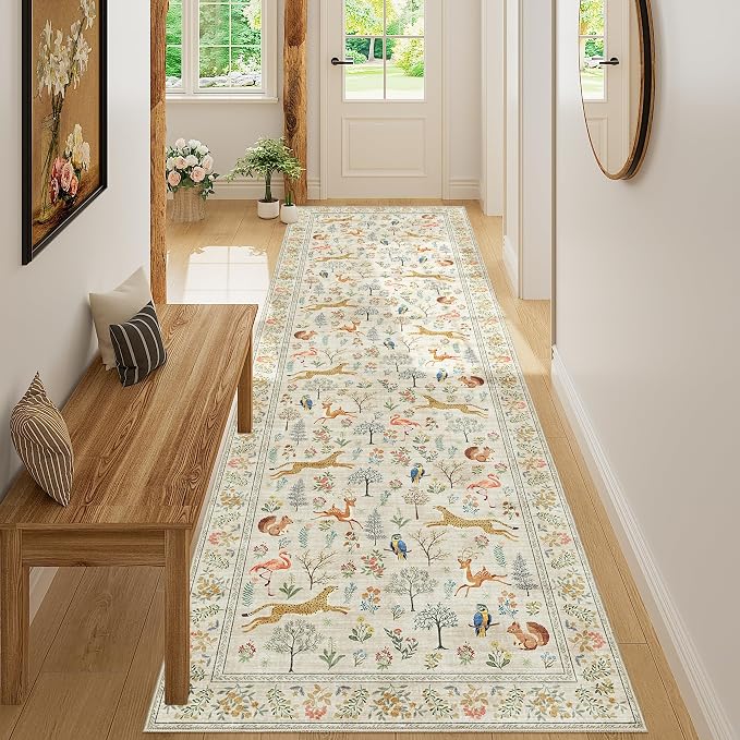 DUKINO 3x10 Washable Runner Rug for Hallway, Lightweight Long Kitchen Rug with Low Pile Design, Vintage Animal Non Shedding Thin Indoor Carpet for Entryway, Bathroom, Bedroom, Laundry Room, Beige