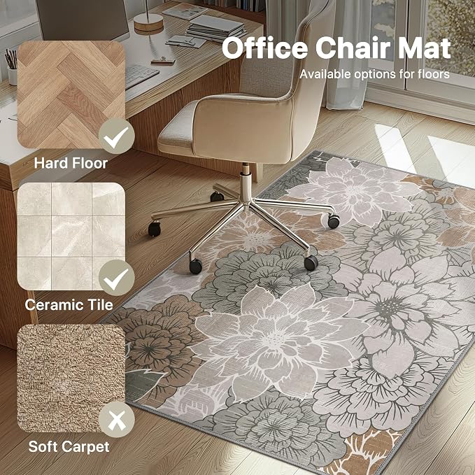 48"x72" Office Chair Mat for Hardwood Tile Floor, Under Desk Carpet Protector for Rolling Computer Chair Mat, Machine Washable Area Rug, Anti-Slip 1/5" Thick Low Pile Thin Vinyl Floor Mat, Taupe Grey