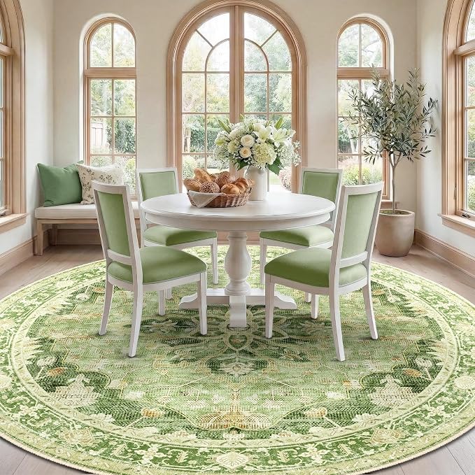 RELEANY Area Rugs Round 8ft Washable Non-Slip, Floral Vintage Distress Medallion Carpet for Living Room Bedroom Dining Room, Sage Green Yellow