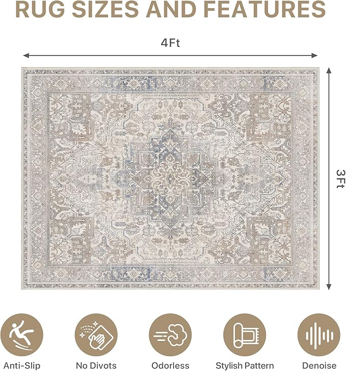 36"x48" Office Chair Mat for Hardwood Tile Floor, Under Desk Carpet Protector for Rolling Computer Chair Mat, Machine Washable Area Rug, Anti-Slip 1/5" Thick Low Pile Thin Vinyl Floor Mat, Khaki Blue