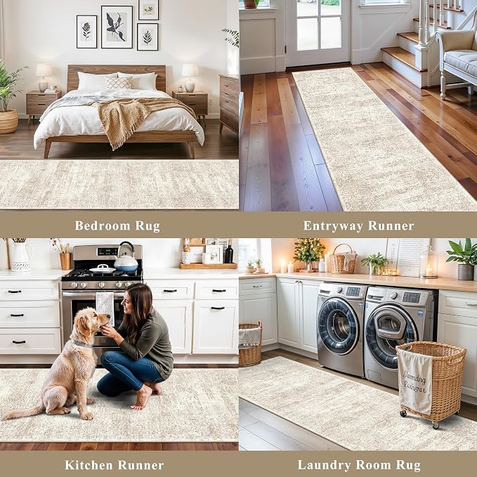 2x8 Runner Rug Washable Hallway: Non Slip Kitchen Runners with Rubber Backing Vintage Farmhouse Neutral Boho Cream Soft Carpet for Bathroom Bedroom Entryway, Cream/Beige