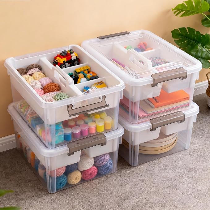 Citylife 17 QT Plastic Storage Bins Clear Storage Box with Removable Tray Stackable Latching Box with Handle for Organizing Tool, Craft, Office, Bead