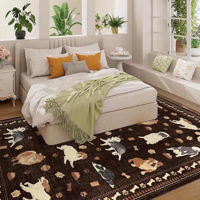 DUKINO 6x9 Rug for Living Room, Lightweight Animal Dog Print Washable Area Rug, Soft Non Slip & Low Pile Floor Mat, Stain Resistant Large Carpet for Bedroom, Nursery, Dining Room, Kids Playroom, Brown