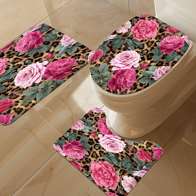 4 PCS Leopard Print Flower Shower Curtain Set 72Wx72H,Toilet Lid Cover,Non-Slip Rugs and U-Shaped Mat, Pink Cheetah Bathroom Sets with Rugs Shower Accessories 12 Hooks for Bathroom Decor