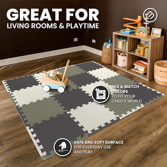 bemaxx Gym Mats Set - 18 pcs EVA Interlocking Foam Floor Tiles (12.6"x12.6"x0.4") 18sqft Protective Gym Flooring Sports Home Workout Exercise Mats Puzzle Garage Fitness Play-Room Pool Treadmill Bike
