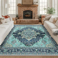 RELEANY Area Rugs Square 8ft Washable Non-Slip, Floral Vintage Distress Medallion Carpet for Living Room Bedroom Dining Room, Teal Green Lake Blue Turquoise