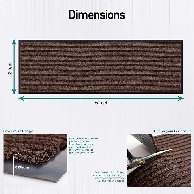 MaxMat® Large Waterproof Doormat - Heavy Duty, Commercial, Low-Profile, Easy to Clean, Rubber Floor Mat (2 x 6 Feet, Brown, MXM-RIB0026BR)
