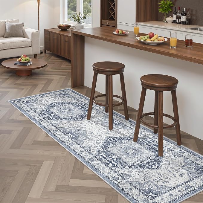 Madane Washable Runner Rug 2x6, Ultra-Thin Non-Slip Non-Shedding Hallway Runner, Stain Resistant Kitchen Mat Entryway Carpet Runner, Vintage Pet Friendly Low Pile Runners (2x6ft, Navy/White)
