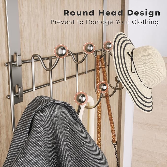 Consumest Over The Door Hooks Organizer - 3 Tier Door Hanger with 9 Coat Hooks & 2 Mesh Basket, Back Storage Organizer Hanging Towels for Bathroom, Bedroom, Sand Nickel